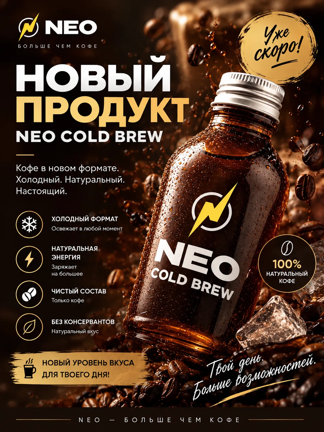 ☕️ NEO COLD BREW — ЖАҢЫ ПРОДУКТ! ❄️✨
Кофени сүйгөндөр үчүн өзгөчө жаңылык! 🔥
Эми сүйүктүү кофеңизди жаңы форматта — муздак, табигый жана сергитүүчү NEO COLD BREW түрүндө татып көрөсүз.
🤎 100% табигый кофе
❄️ Муздак формат
⚡️ Сергектик жана энергия
🌿 Консерванттарсыз
☕️ Кофенин чыныгы даамы
Кофе — эми жөн гана суусундук эмес. Бул жаңы жашоо ыргагы!
✨ NEO COLD BREW — жакында!
Күтүп туруңуздар… жаңы даам, жаңы мүмкүнчүлүк! 🚀