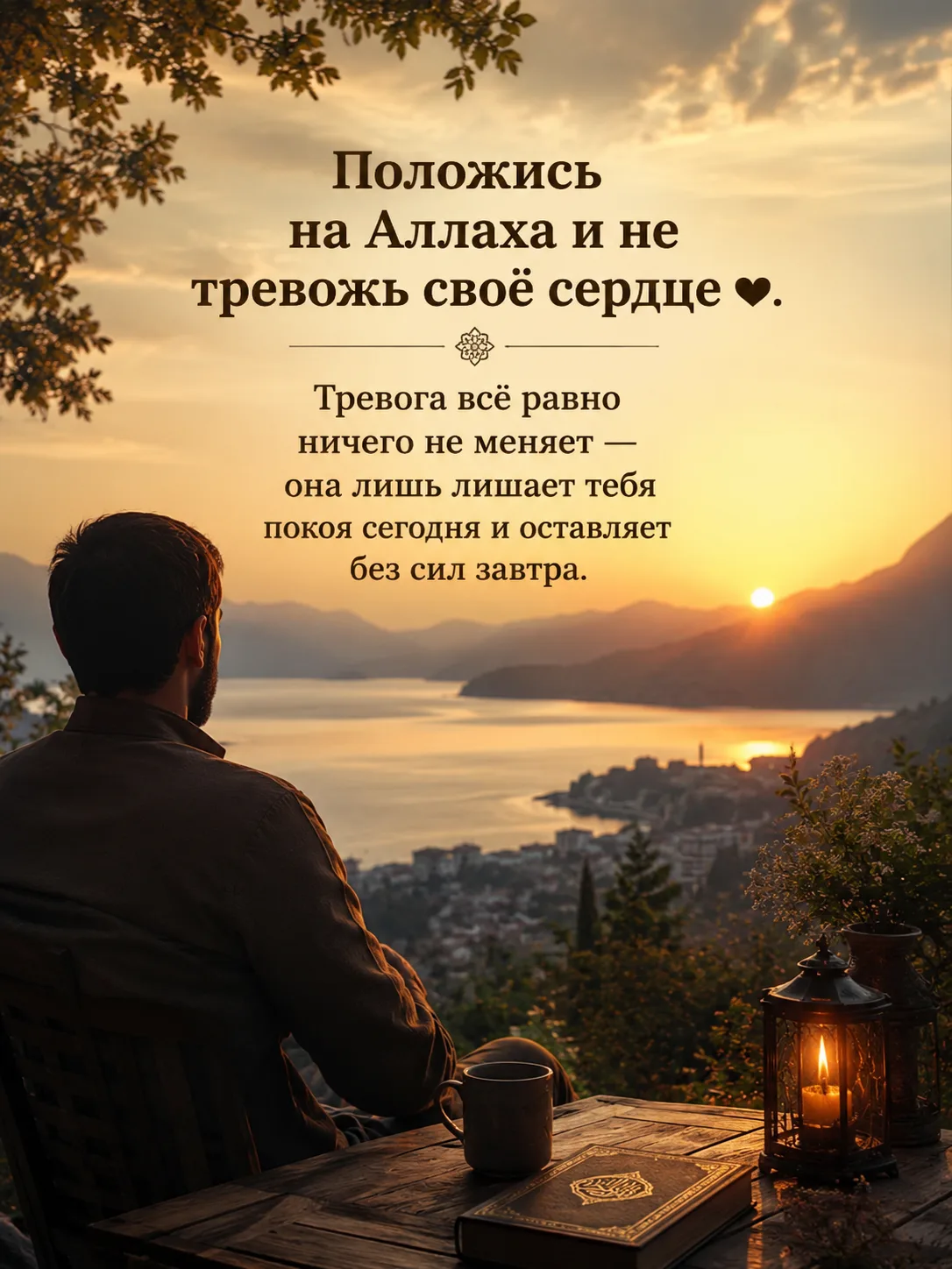 Положись на Аллаха и не тревожь своё сердце ♥️. Тревога всё равно ничего не меняет — она лишь лишает тебя покоя сегодня и оставляет без сил завтра.