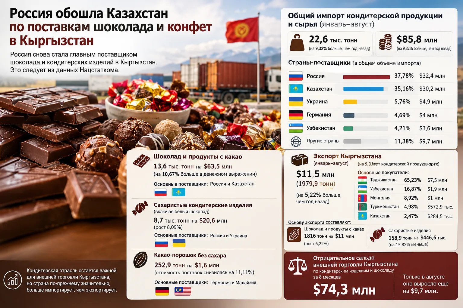 Россия снова стала главным поставщиком шоколада и кондитерских изделий в Кыргызстан. Это следует из данных Нацстаткома.
Общий импорт кондитерской продукции и сырья за восемь месяцев составил $85,8 млн, или 22,6 тысячи тонн, что на 9,32% больше, чем год назад. На Россию пришлось 37,78% ($32,4 млн), на Казахстан 35,16% ($30,2 млн). Далее идут Украина (5,76%, $4,9 млн), Германия (4,69%, $4 млн) и Узбекистан (4,21%, $3,6 млн).

Шоколад и продукты с какао ввозят в основном из России и Казахстана: 13,6 тысячи тонн на $63,5 млн, это на 10,67% больше в денежном выражении. Сахаристые кондитерские изделия, включая белый шоколад, везут преимущественно из России и Украины: 8,7 тысячи тонн на $20,6 млн (рост 8,09%). Какао-порошок без сахара закупают в Германии и Малайзии: 252,9 тонны на $1,6 млн, стоимость поставок снизилась на 11,11%.
Кыргызстан и сам экспортирует сладости. За восемь месяцев поставки за рубеж составили $11,5 млн (1979,9 тонны), что на 5,22% больше, чем годом ранее. Главный покупатель - Таджикистан, на него приходится 65,23% экспорта ($7,5 млн). Следом идут Узбекистан (16,87%, $1,9 млн), Монголия (8,92%, $1 млн), Туркменистан (4,98%, $572,9 тысячи) и Казахстан (2,47%, $284,5 тысячи).

Основу экспорта составляют шоколад и продукты с какао: 1816 тонн на $11 млн (рост 6,22%). Сахаристые изделия в Таджикистан и Казахстан отправили на $446,6 тысячи (158,9 тонны), и это на 15,82% меньше.

Отрицательное сальдо внешней торговли Кыргызстана по кондитерским изделиям и шоколаду за восемь месяцев достигло $74,3 млн. Только в августе оно выросло еще на $9,7 млн.